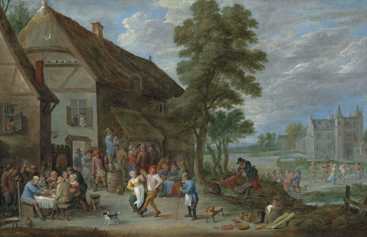 Bauern tanzen vor einem Gasthaus in Perck, mit dem Kasteel de Drij Toren im Hintergrund von David Teniers the Younger