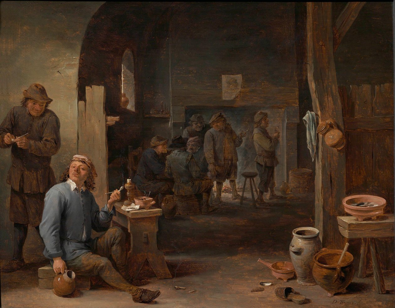 Das Innere eines Gasthauses mit Bauern, die an einem Tisch rauchen und sich vor einem Feuer unterhalten von David Teniers the Younger