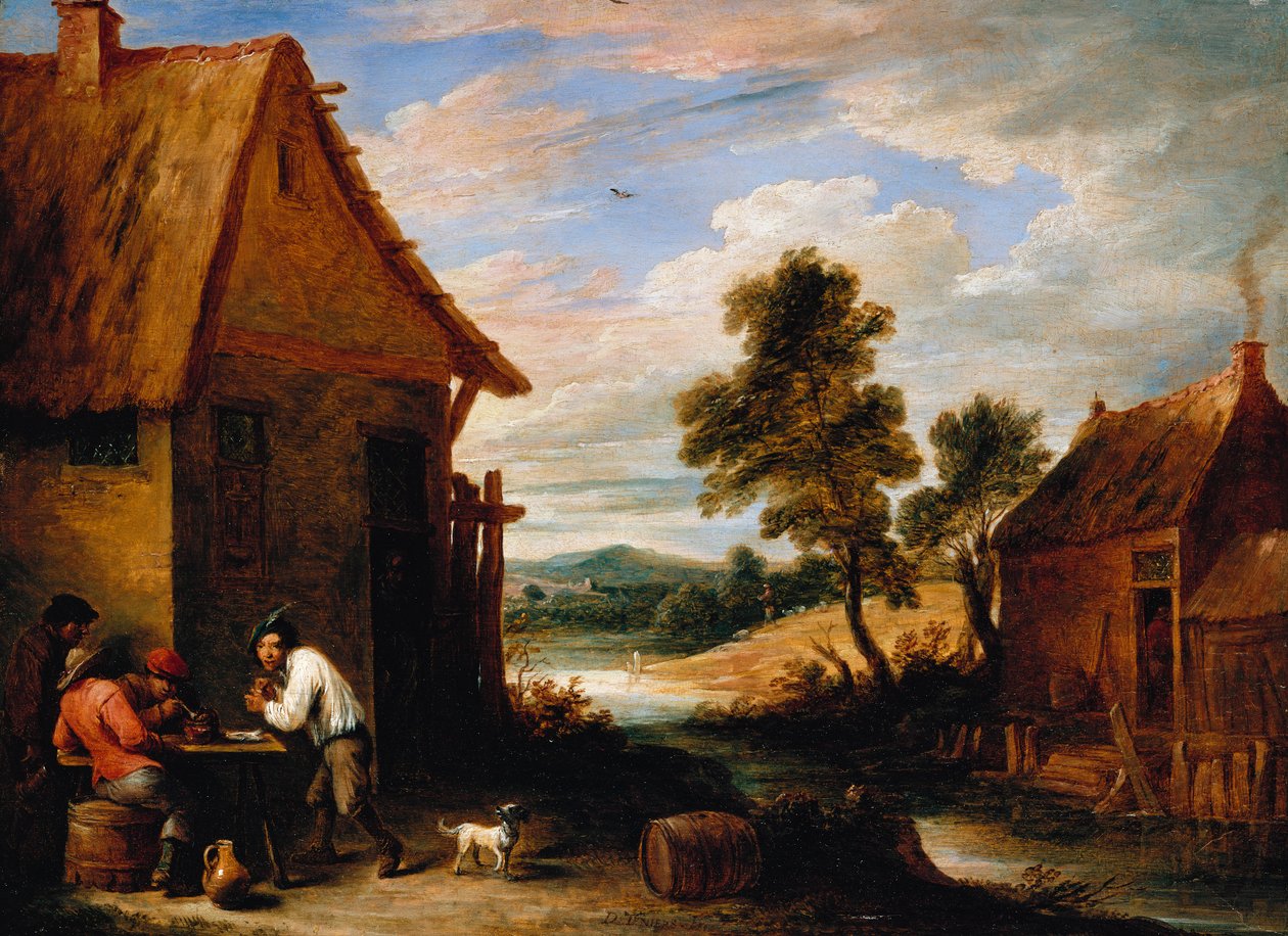 Eine Flusslandschaft mit Bauern vor einer Taverne von David Teniers the Younger