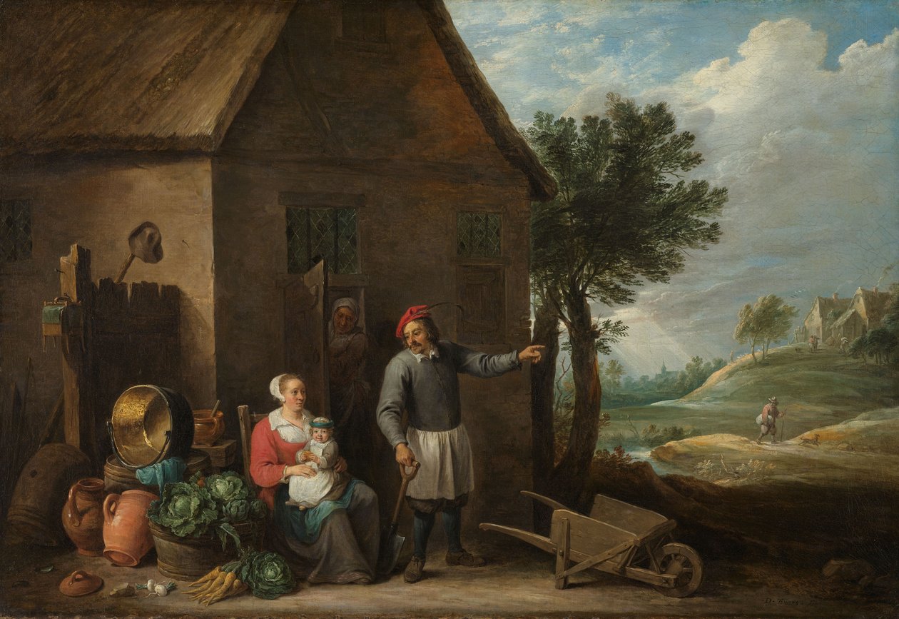 Ein Bauer an einer Hüttentür mit einer sitzenden Frau und einem Kind von David the Younger Teniers