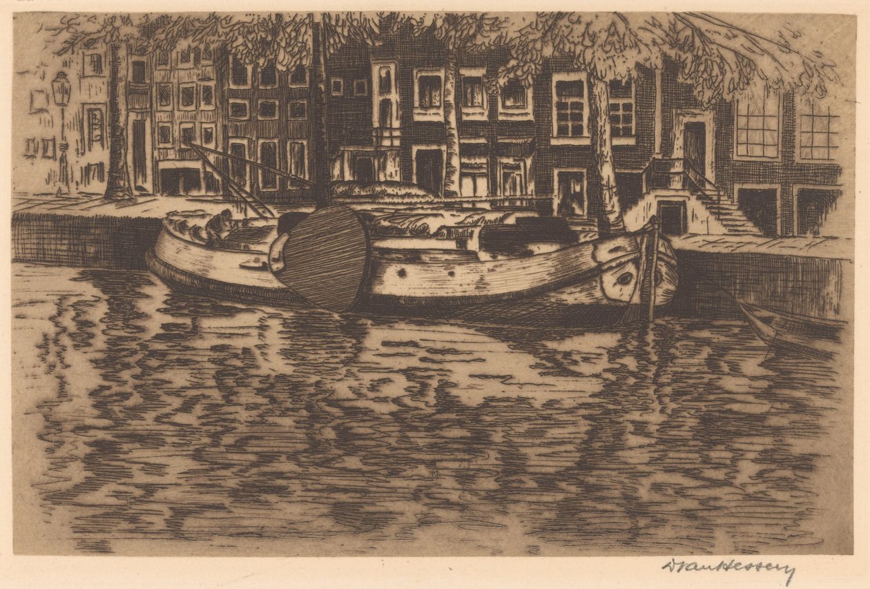 Kanal mit angelegtem Segelboot von David van Hessen (signed by artist)