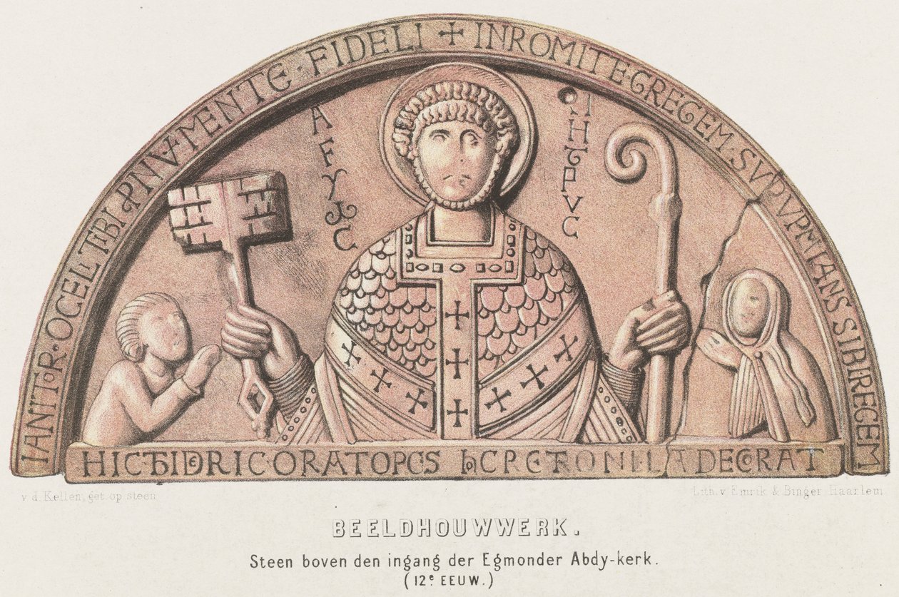 Tympanon von Egmond: Bogenfeld mit Petrus, Graf Dirk VI. von Holland und seiner Mutter Gräfin Petronella, ca. 1120 von David van der Kellen
