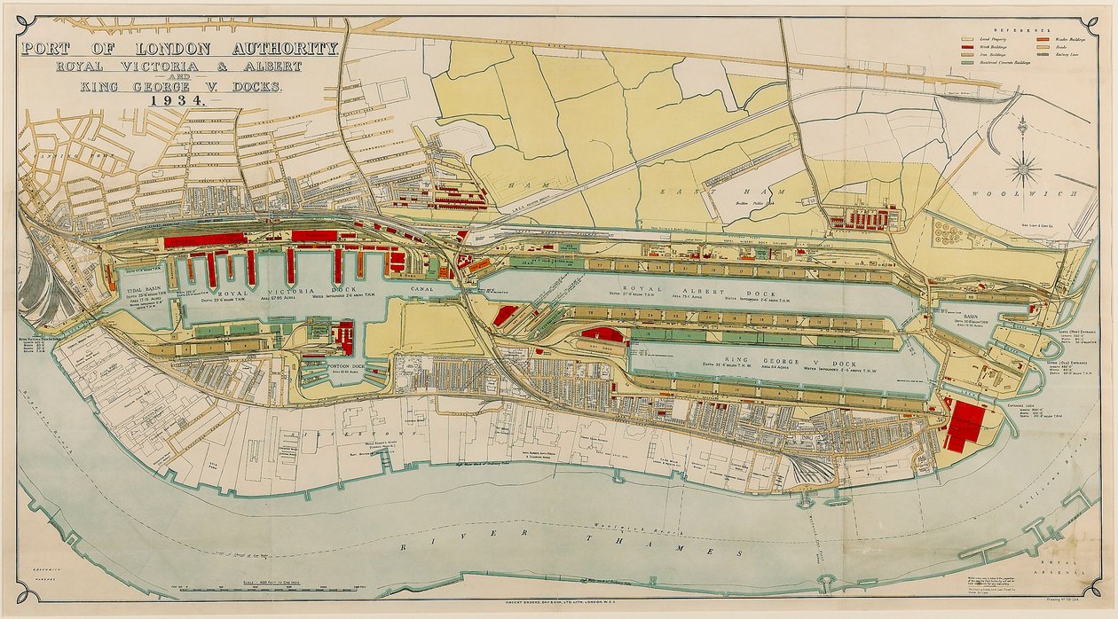 Royal Victoria und Albert und King George V Docks 1934, ca. 1934 (Druck) von Day & Son Vincent Brooks