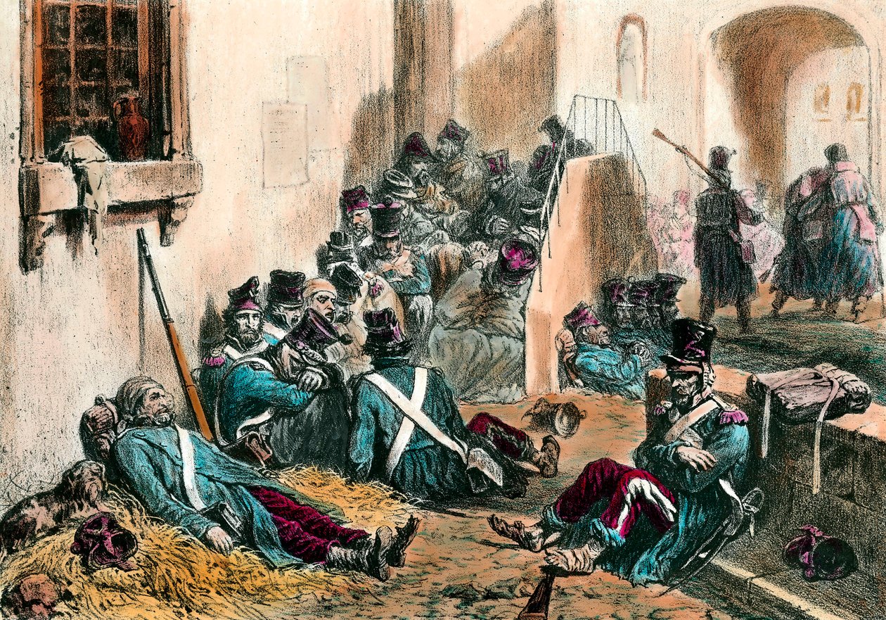 Typhus während der Napoleonischen Kriege. Soldaten der französischen Armee leiden an Fieber, verursacht durch die Krankheit. Gravur von Denis Auguste Raffet (1804-1860) 19. Jahrhundert von Denis Auguste Marie Raffet