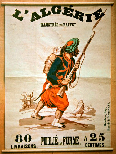 Buchladenplakat, das eine Reihe von Veröffentlichungen über Algerien bewirbt, 1843 von Denis Auguste Marie Raffet