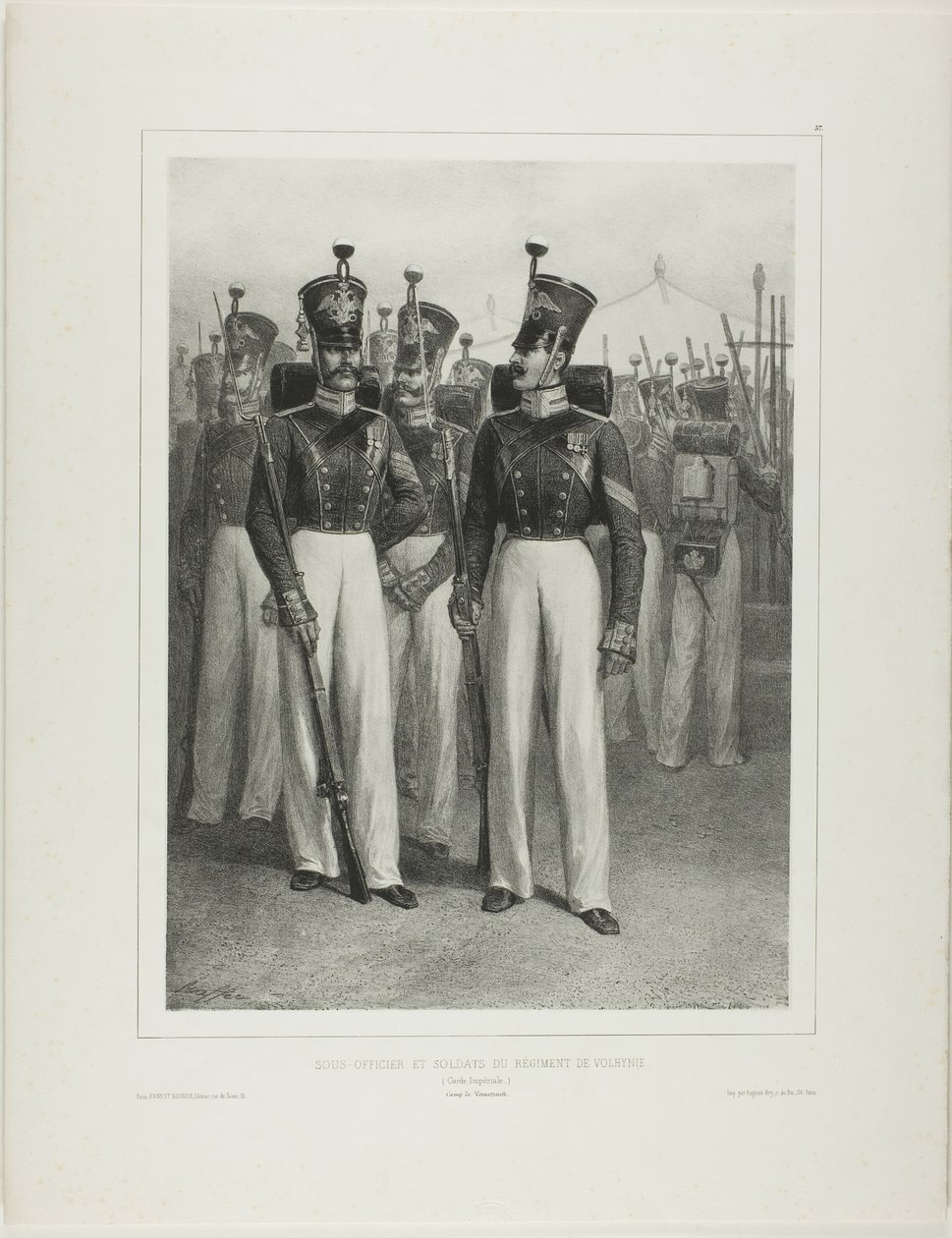 Unteroffizier und Soldaten des Wolhynischen Regiments (Kaiserliche Garde), Lager Vosnessensk von Denis Auguste Marie Raffet