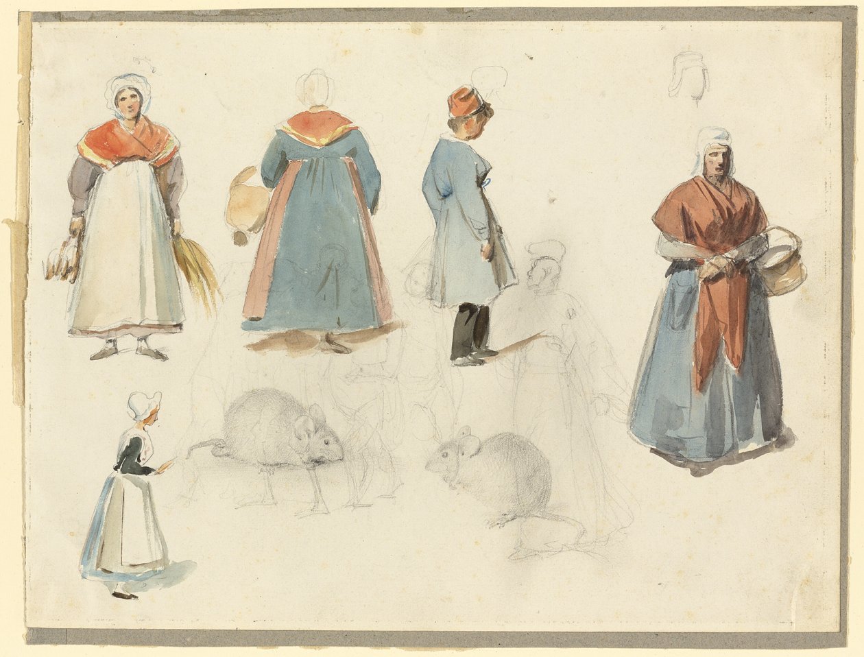 Blatt mit Skizzen: Männer, Frauen und Mäuse von Denis Auguste Marie Raffet