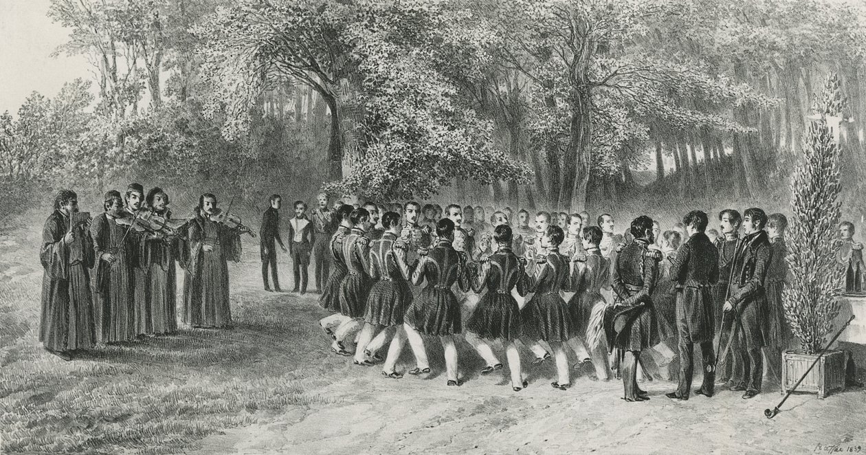 Wallachischer Rundtanz, aufgeführt von den Zigeunern und getanzt von den Musikern des zweiten Regiments im Haus von Prinz Ghika, Ghospodar, Walachei, 1839 von Denis Auguste Marie Raffet