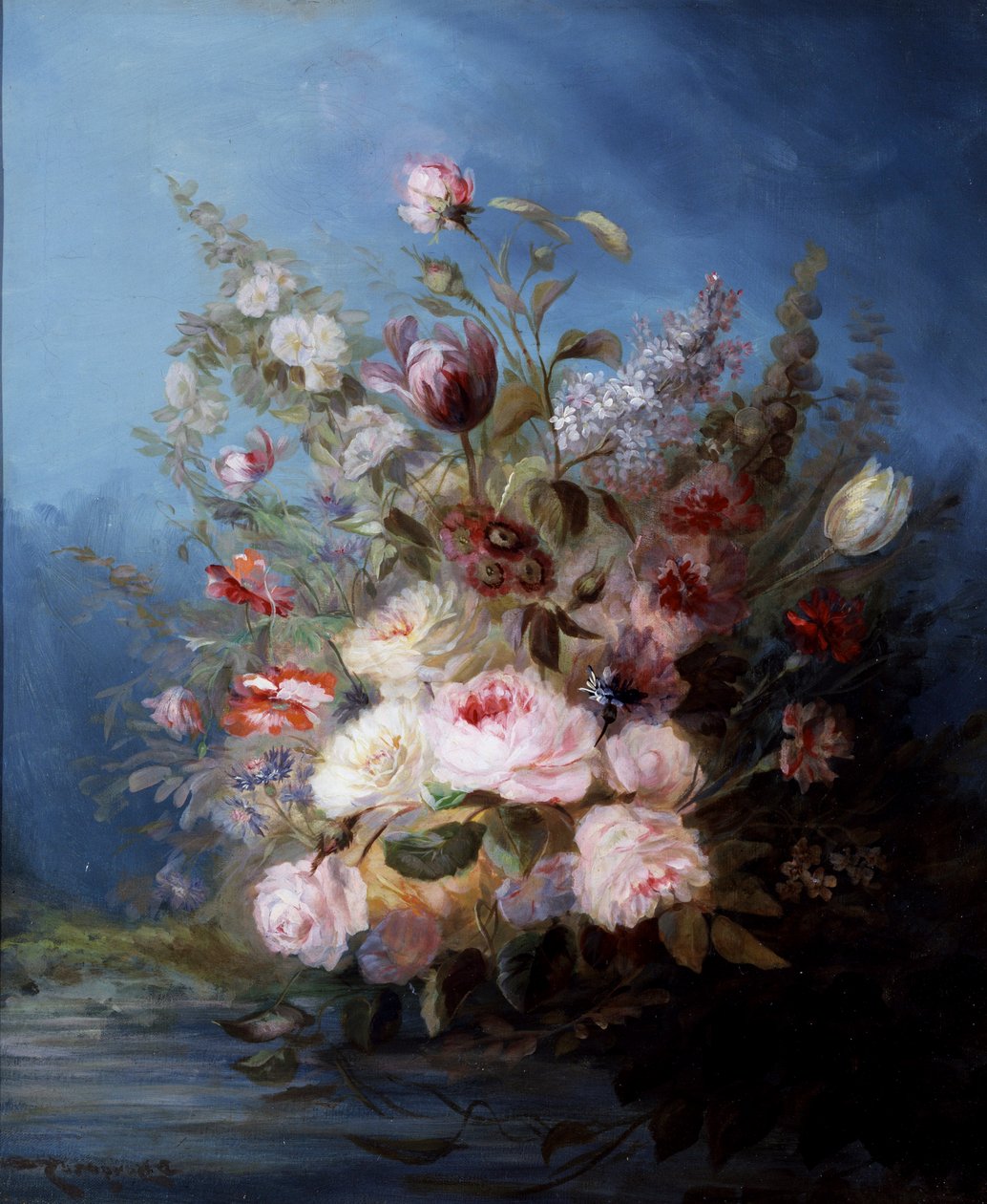 Stillleben. Blumenstrauß am Wasser mit Rosen und Tulpen. Gemälde von Denis Pierre Bergeret (1846-1910) Privatsammlung. von Denis Pierre Bergeret