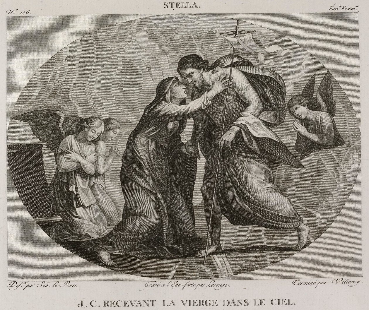 Jesus Christus empfängt die Jungfrau im Himmel, nach Jacques Stella von Denis Sebastien Leroy
