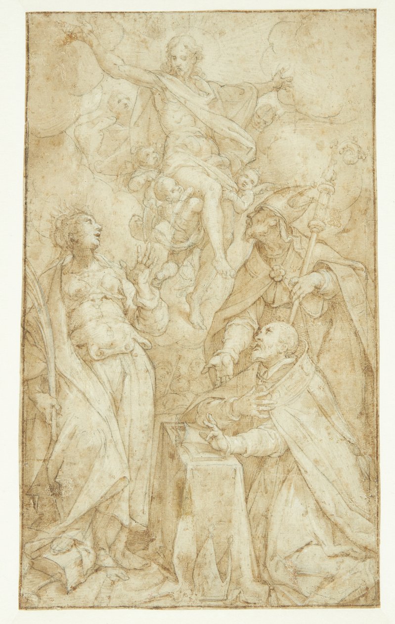 Christus in den Wolken, getragen von Engeln, erscheint einem Bischof an einem Lesepult, einem Bischofsheiligen (St. Augustin?) und Katharina von Alexandria von Denys Calvaert