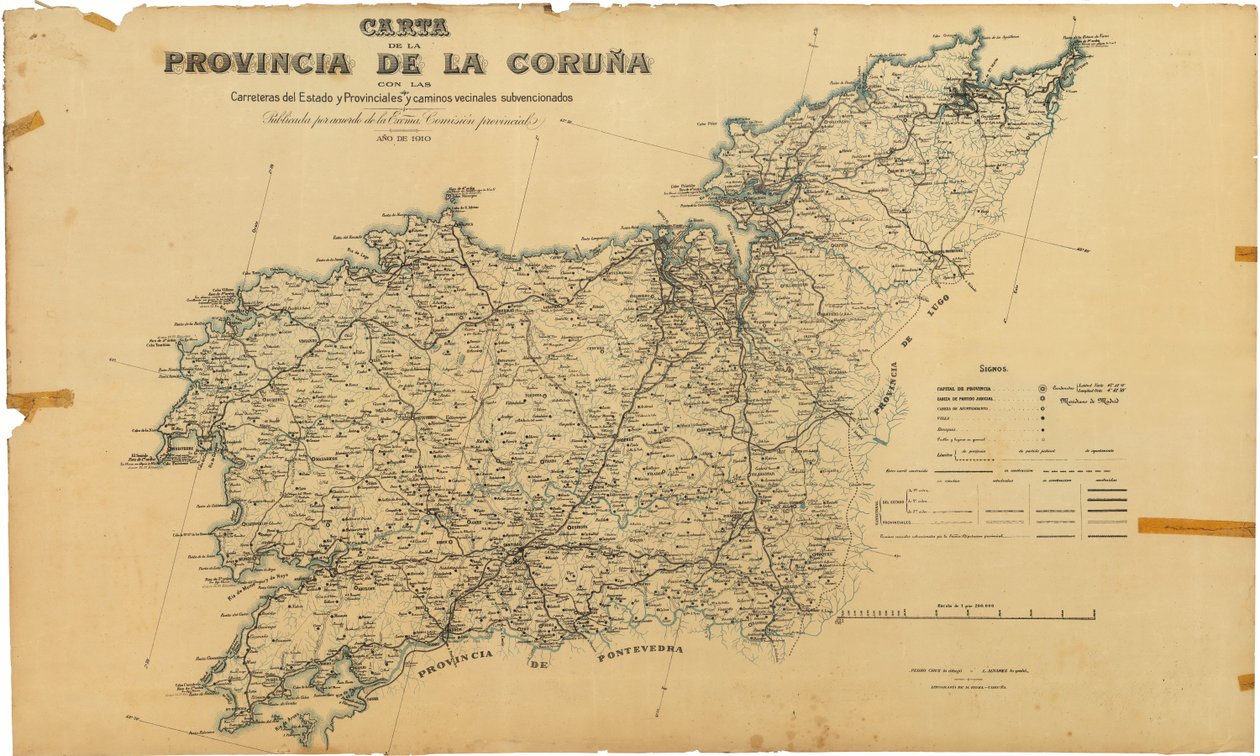 Karte der Provinz Coruña mit den Staats- und Provinzstraßen und subventionierten Gemeindestraßen. Veröffentlicht durch Beschluss der Excma. Provinzkommission von Deputación da Coruña