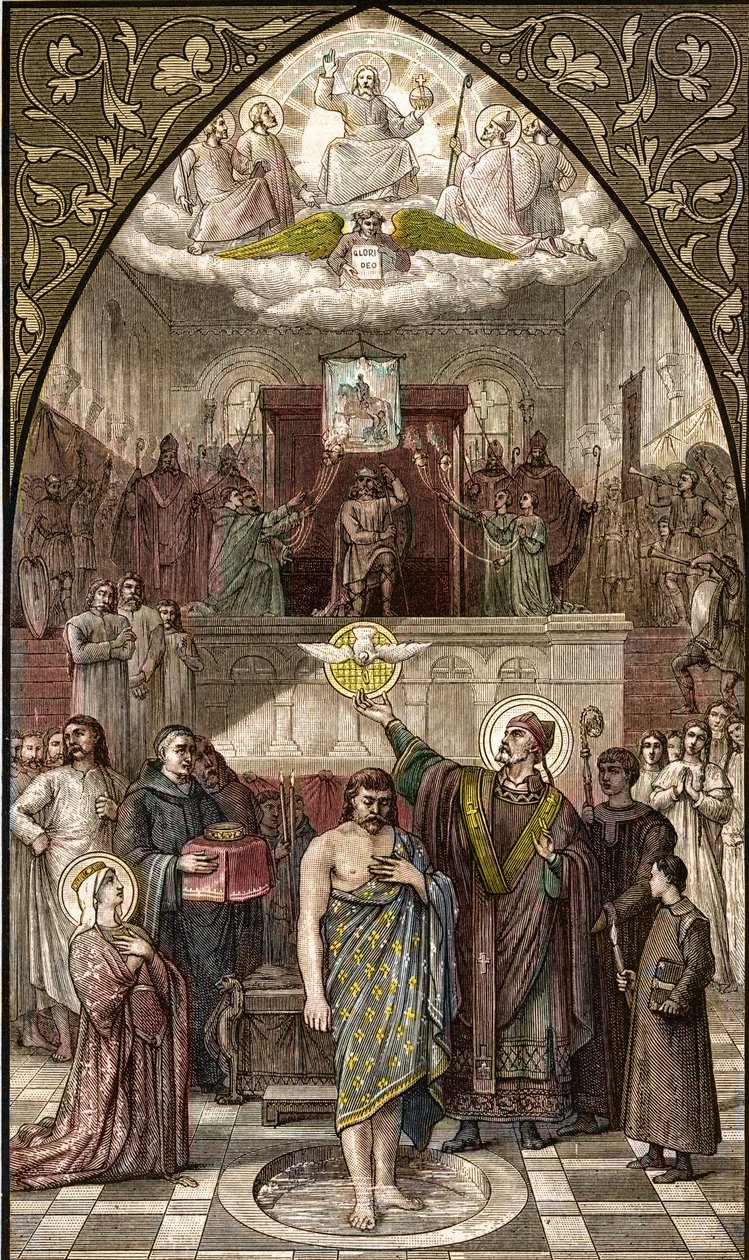 Der heilige Remigius tauft Chlodwig in Reims - Die Taufe des Königs der Franken Chlodwig I. (466-511) in Reims durch den Bischof Saint Remi am 25. Dezember 496 (oder 499) - Gravur nach dem Gemälde von Désiré François Laugée von Desire Francois Laugee