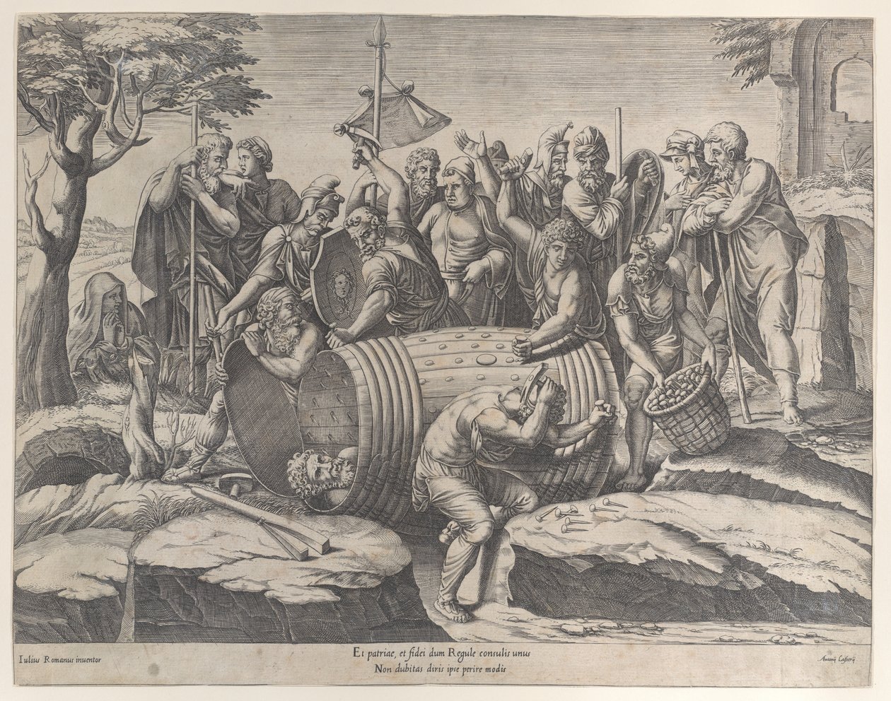 Marcus Atilius Regulus in einem Fass, während zwei Männer die Nägel einschlagen von Diana Mantuana