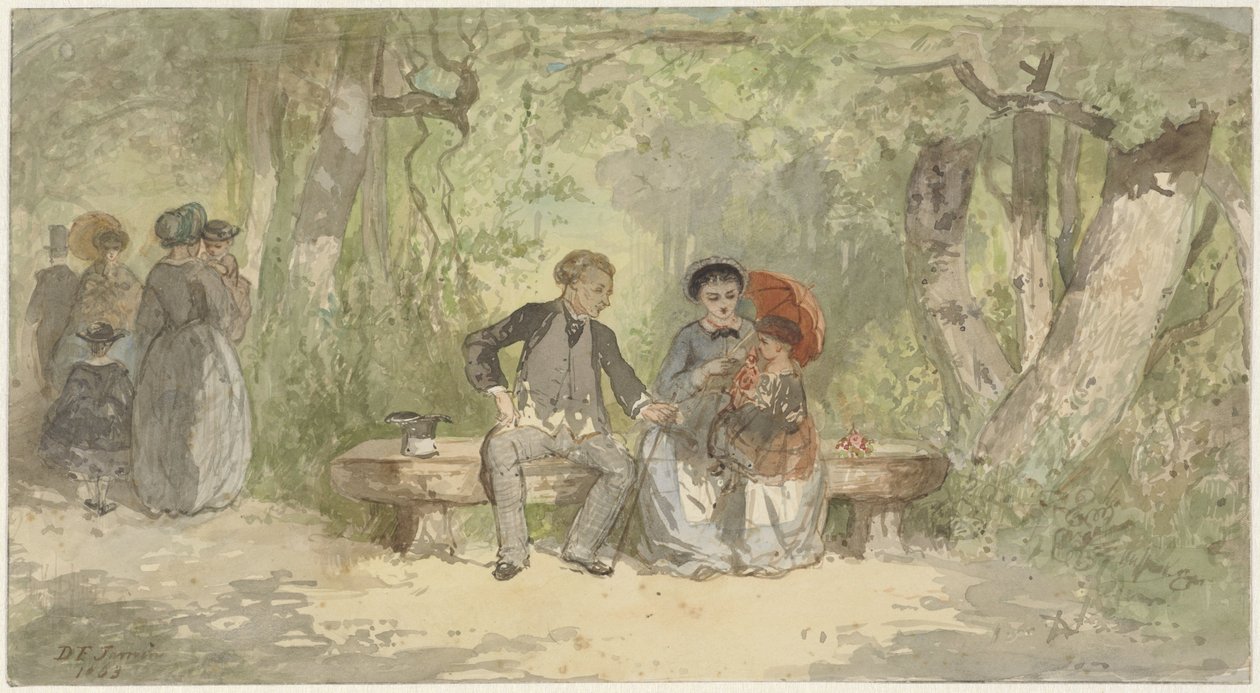Mann, Frau und Kind auf einer Bank im Park von Diederik Franciscus Jamin