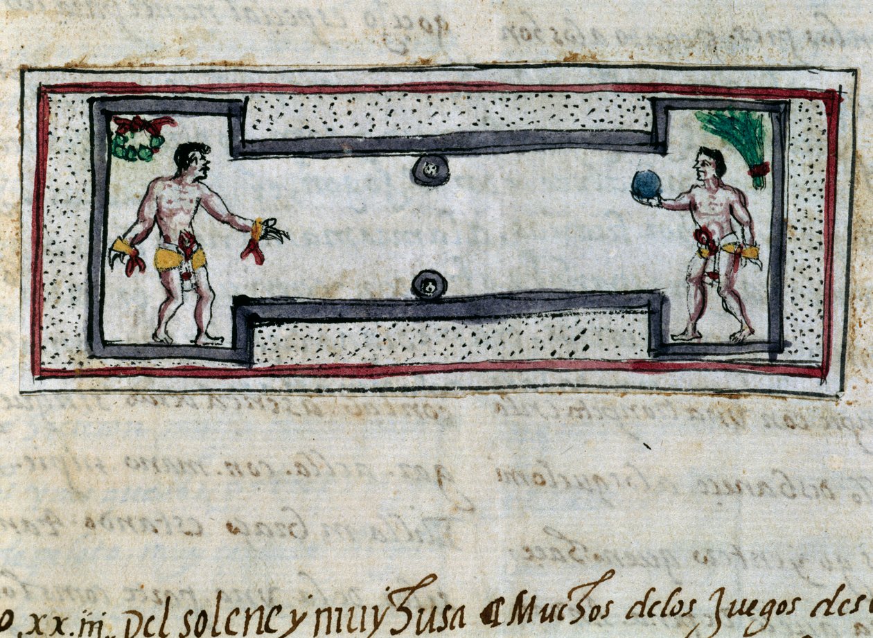 Azteken spielen Pelota, Miniatur aus der Geschichte der Indiens (Historia de las Indias) von Diego Duran (1537-1588), Manuskript von 1579 von Diego Duran