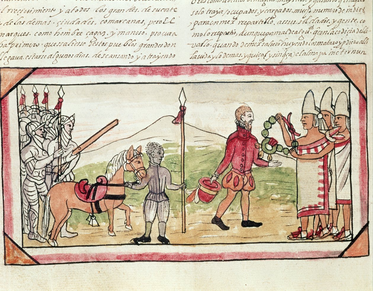 Fol.208v Treffen von Hernando Cortes (1485-1547) und Montezuma (1466-1520), Miniatur aus der 