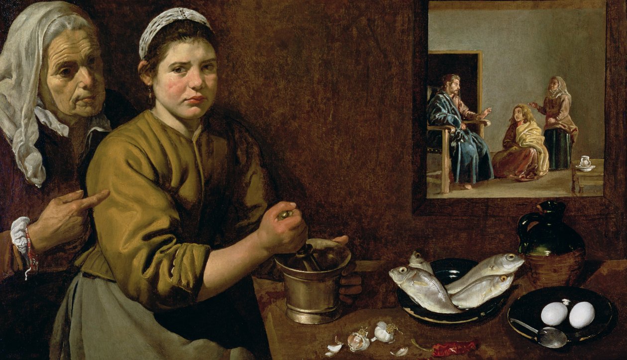 Küchenszene mit Christus im Haus von Martha und Maria, ca. 1618 von Diego Velázquez