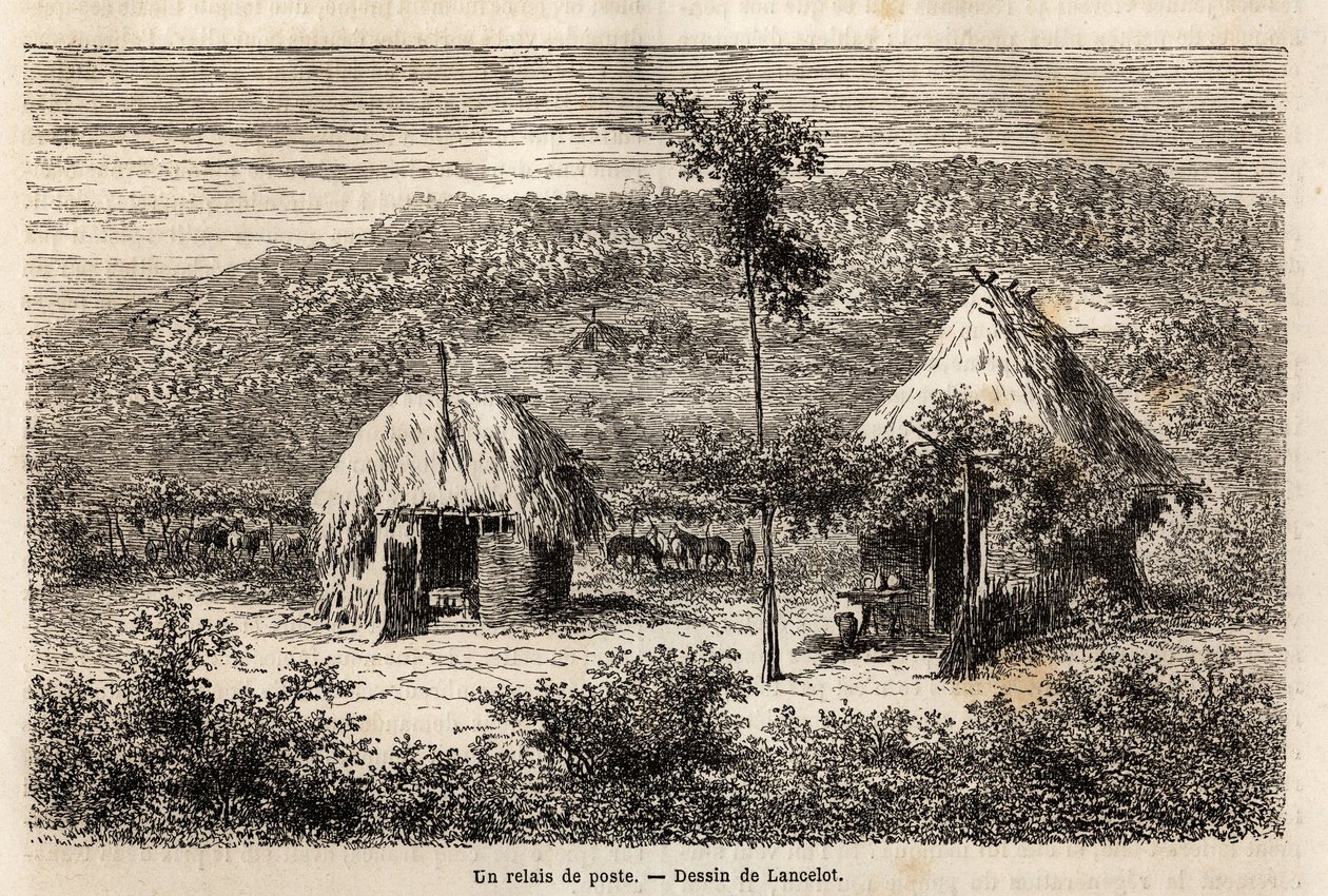 Ein Postrelais zwischen Bukarest und Pitesti. Gravur zur Illustration der Reise von Paris nach Bukarest (Rumänien), 1860, von Lancelot, Zeichner, in „Le tour du monde, nouveau journal des voyages“, veröffentlicht unter der Leitung von Edouard Charton von Dieudonne Auguste Lancelot