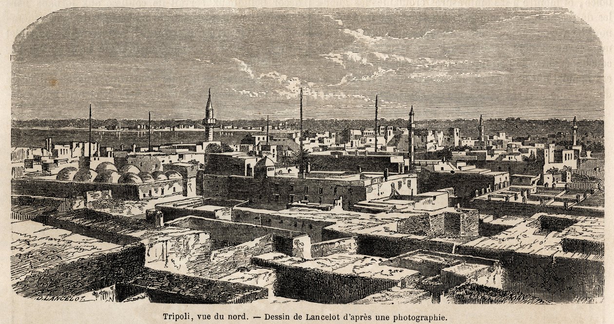 Gesamtansicht von Tripolis, Zeichnung von Lancelot, zur Illustration der Tripolitanischen Spaziergänge im Jahr 1860 von Baron de Krafft. Gravur in „Le tour du monde“ 1861. Sammlung Selva von Dieudonne Auguste Lancelot
