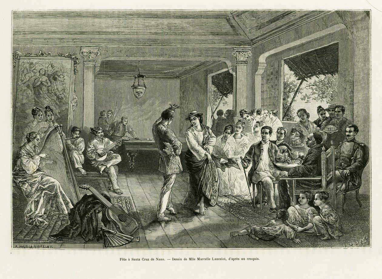 Fest in Santa Cruz de Nano. Gravur von Lancelot zur Illustration der Geschichte Lucon und Palaouan, sechs Jahre auf den Philippinen, von Alfred Marche (1844-1898), in Le Tour du monde 1886, herausgegeben von Edouard Charton (1807-1890), Hachette, Paris. von Dieudonne Auguste Lancelot