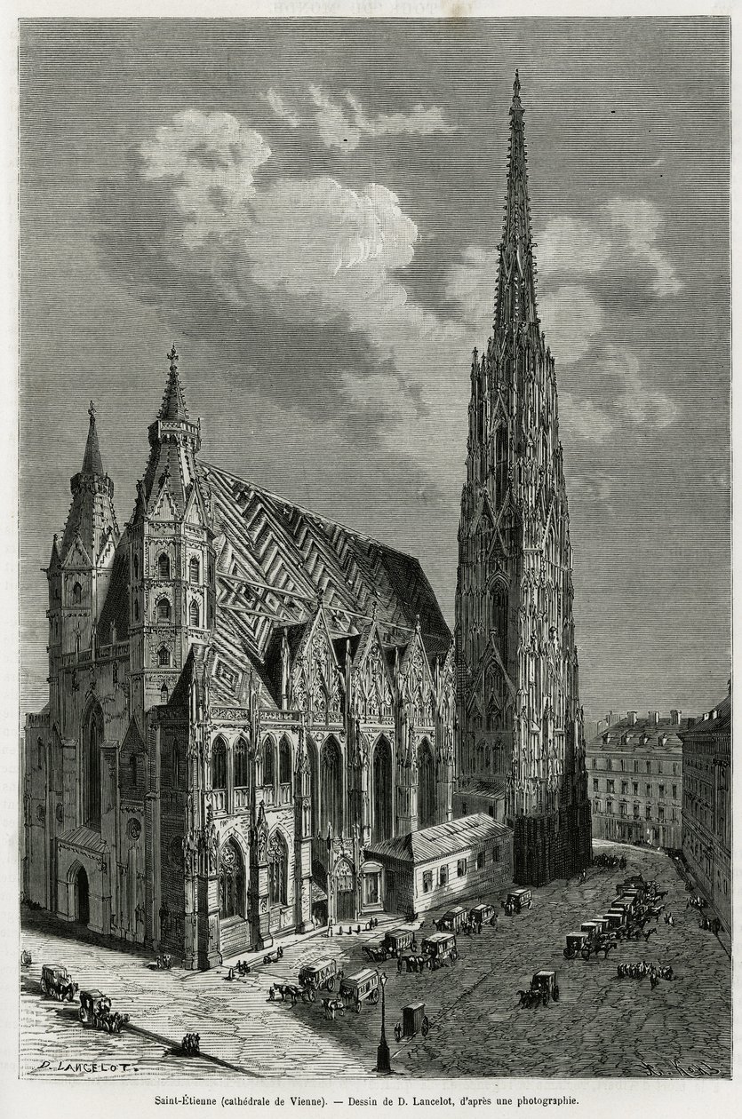 Stephansdom (erbaut zwischen 1113 und 1147), Wien (Österreich). Gravur von Lancelot, zur Illustration der Geschichte Wien und seine Vororte von M. Newlinski, 1881, veröffentlicht in Le tour du monde von Dieudonne Auguste Lancelot