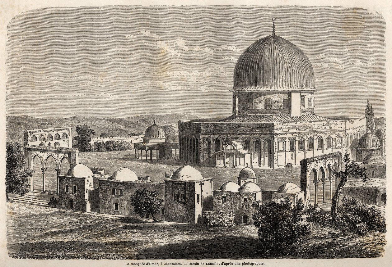 Die Moschee von Omar, erbaut 691 in Jerusalem, Zeichnung von Lancelot zur Illustration von Mr. Bidas Reise nach Palästina im Jahr 1856. Gravur in „Le tour du monde, nouveau journal des voyages“ Paris von Dieudonne Auguste Lancelot