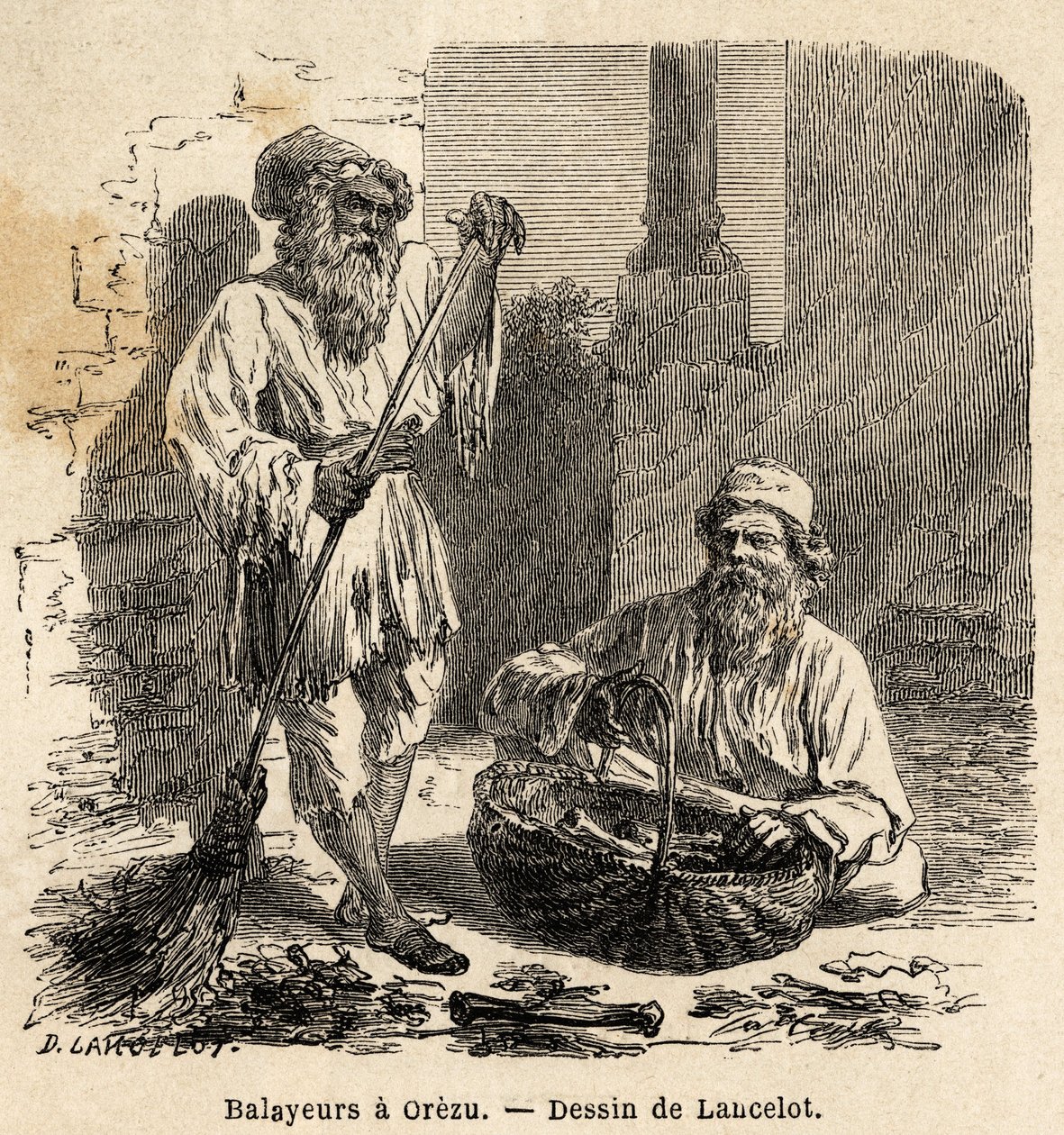 Die Straßenkehrer in Orezu (Rumänien). Gravur zur Illustration der Reise von Paris nach Bukarest, von Lancelot, Zeichner, 1860, veröffentlicht in „Le tour du monde, nouveau journal des voyages“, unter der Leitung von Edouard Charton von Dieudonne Auguste Lancelot