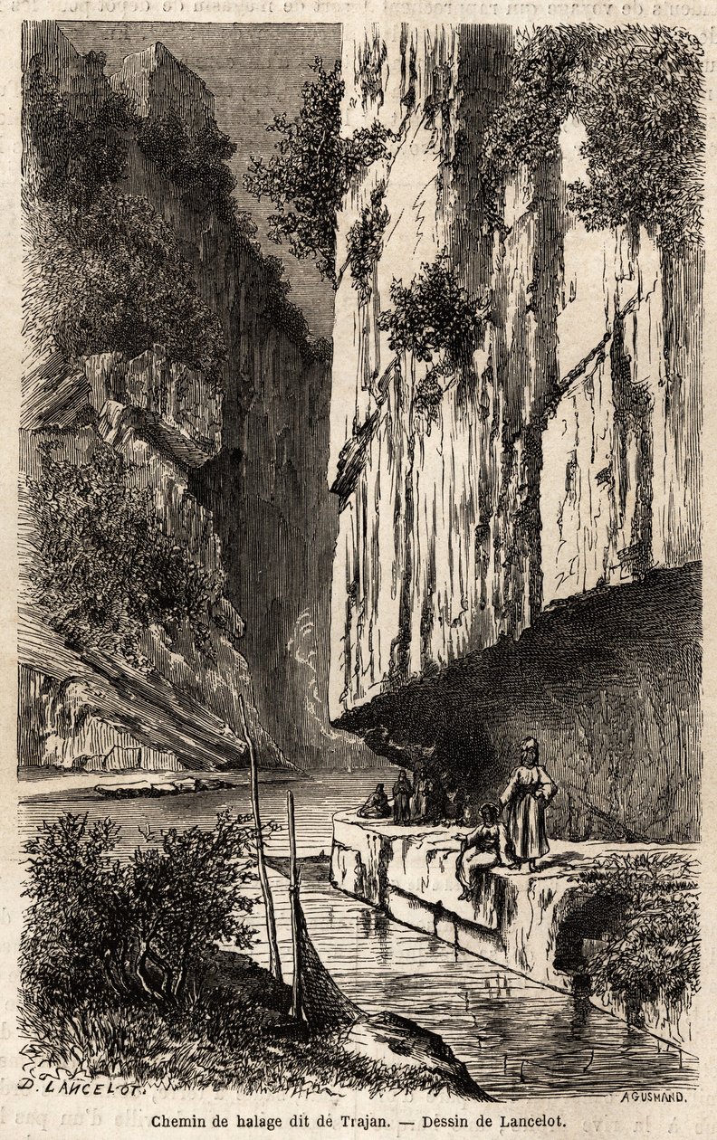 Der Treidelpfad am Ufer der Donau, in die Felswand gegraben, auch Trajans Pfad genannt (53-117, römischer Kaiser), der ihn für seine Expedition gegen die Daker im Norden der Donau (100-103) durchbrechen ließ von Dieudonne Auguste Lancelot
