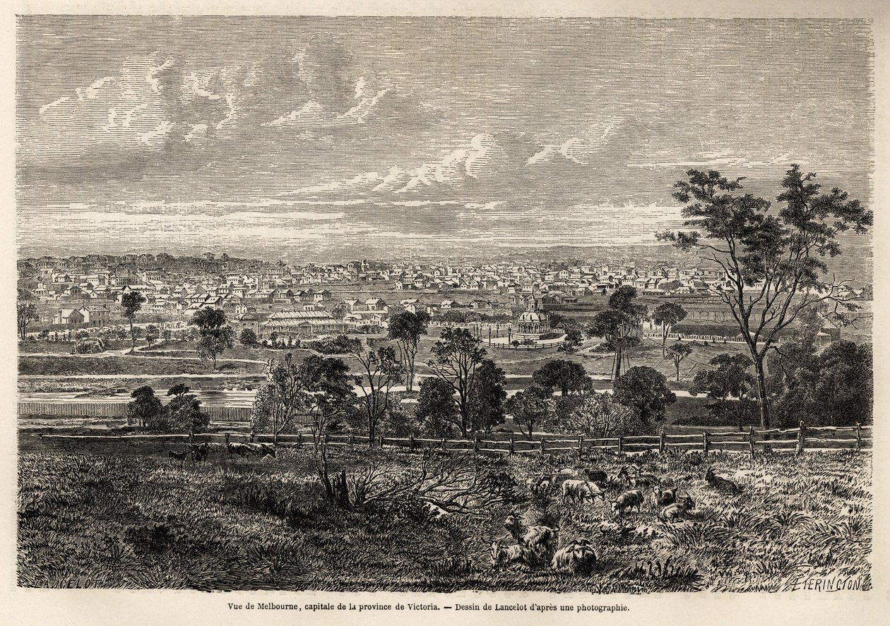 Ansicht von Melbourne (Australien), Zeichnung von Lancelot zur Illustration der Erinnerungen eines französischen Squatters in Australien von 1854-1859, von M. de Castella. Gravur in „Le tour du monde“ 1861. Selvas Sammlung. von Dieudonne Auguste Lancelot
