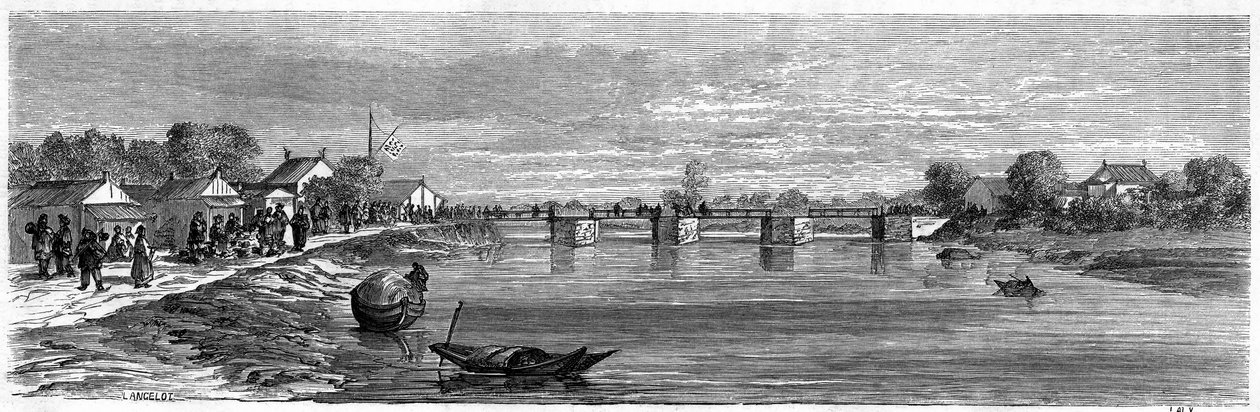 Ansicht der Brücke über den Suzhou-Fluss nahe Shanghai, 1860, China. Gravur von Lancelot, in "Le Tour du Monde, Nouveau journal des Voyages", herausgegeben von Edouard Charton, Paris von Dieudonne Auguste Lancelot