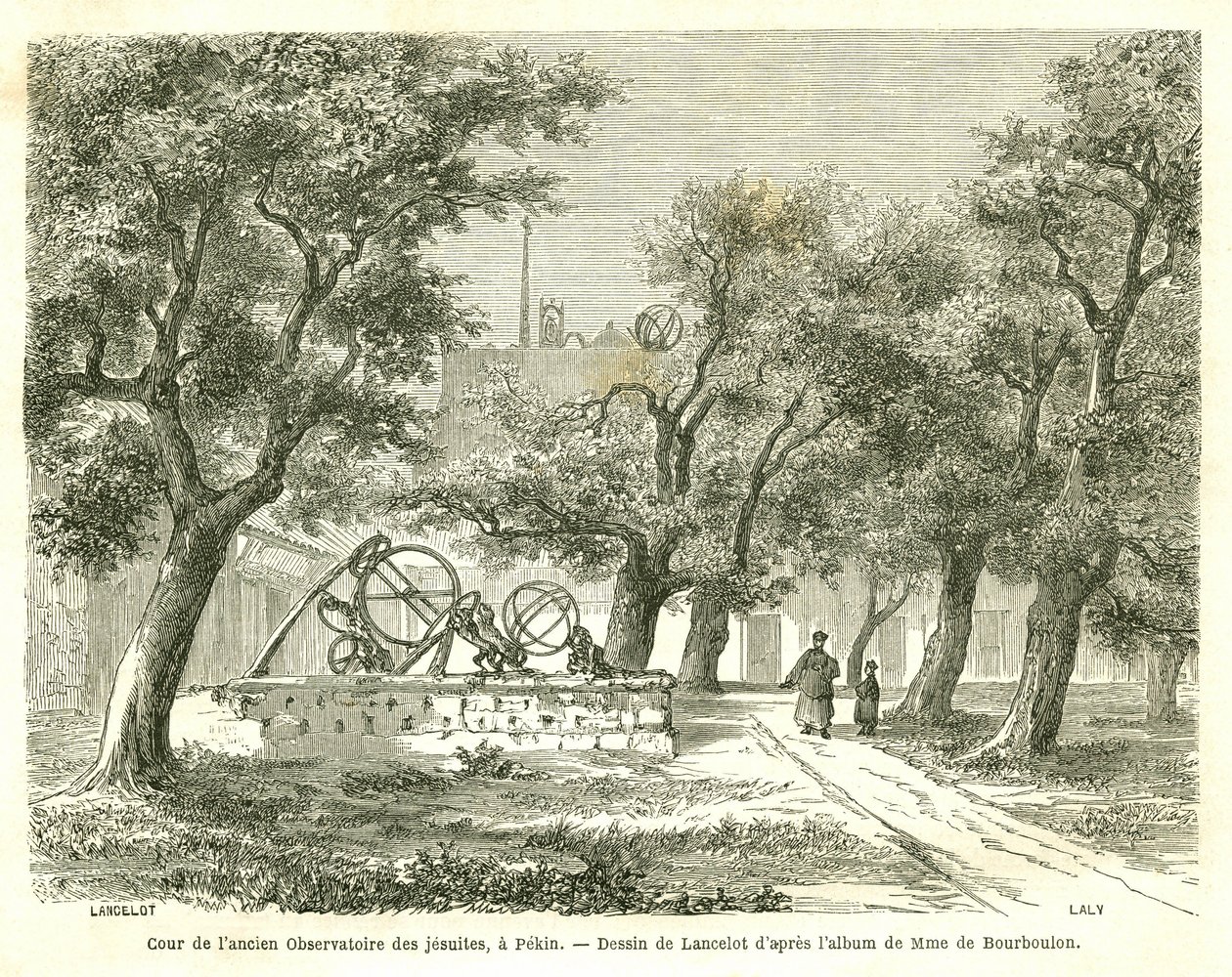 Ansicht des Hofes des ehemaligen Jesuitenobservatoriums in Peking (Beijing), China. Gravur von Lancelot, in "Le Tour du Monde, Nouveau journal des Voyages", herausgegeben von Edouard Charton, Paris von Dieudonne Auguste Lancelot