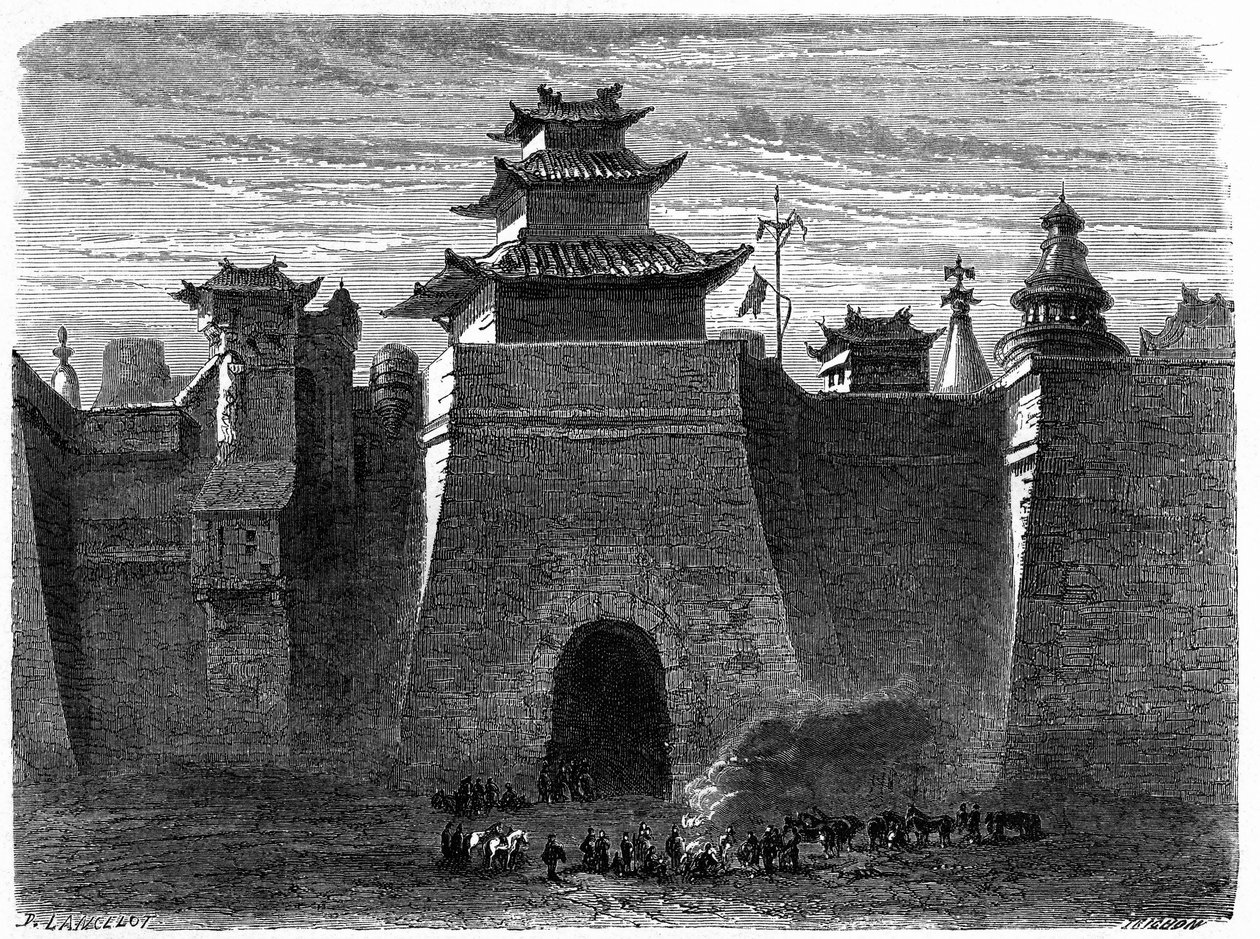 Mauern und Tor von Peking (Beijing), China. Gravur von Lancelot, veröffentlicht in „Le Tour du Monde, Nouveau journal des Voyages“, herausgegeben von Edouard Charton, Paris von Dieudonne Auguste Lancelot