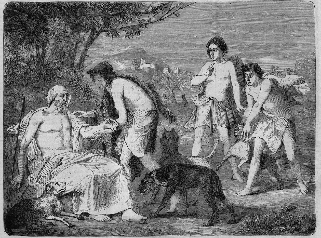 Homer auf der Insel Syros. Gravur von 1864, nach dem Gemälde von Maillard. von Diogene Ulysse Napoleon Maillart