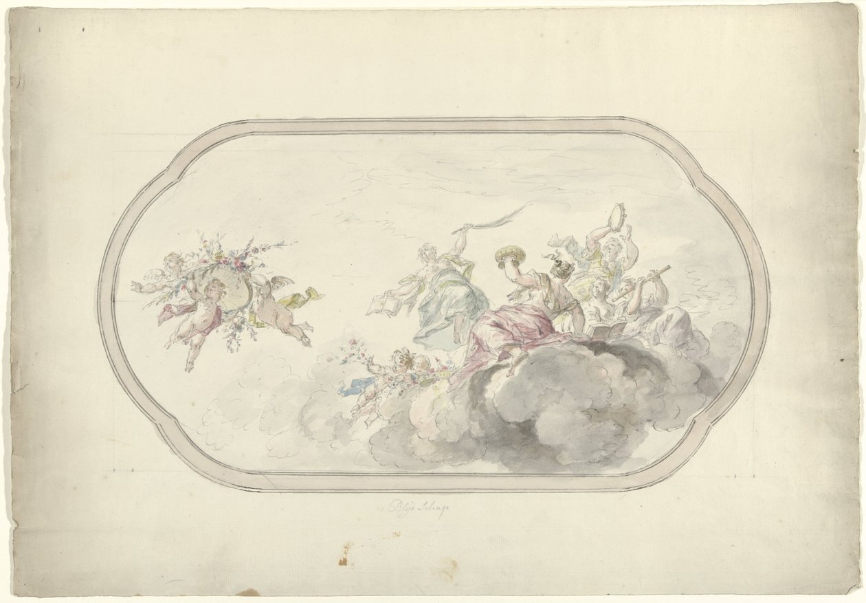 Entwurf für eine Deckenmalerei mit musizierenden Frauen und Putti mit Blumenkorb als Allegorie auf Freude von Dionys van Nijmegen