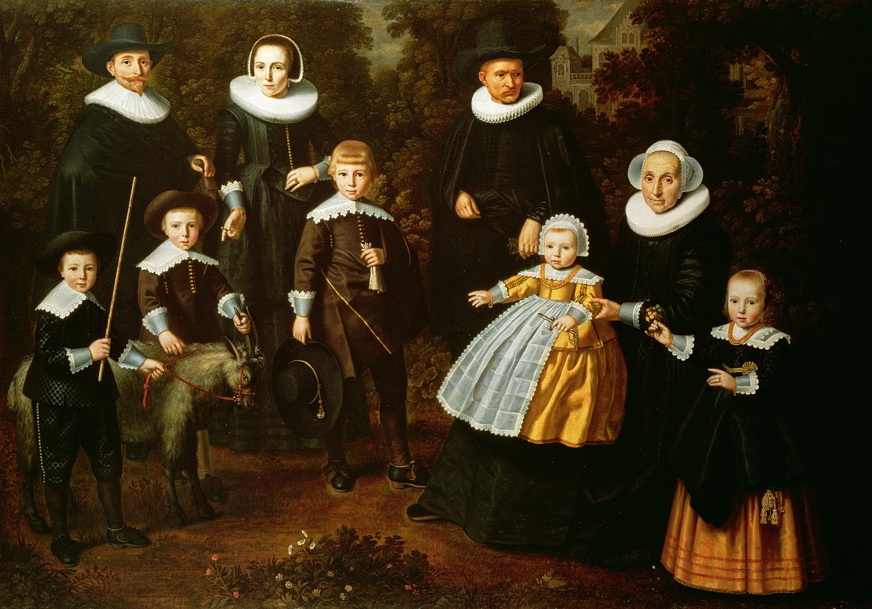Gruppenporträt von drei Generationen einer Familie im Garten eines Landhauses von Dirck Santvoort
