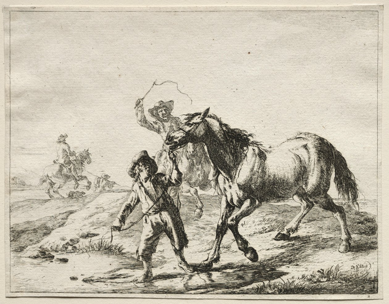Ein Junge führt ein Pferd zum Trinken von Dirck Stoop