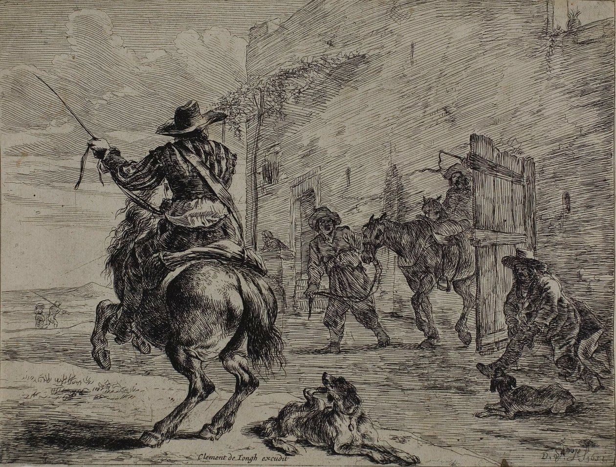 Steigendes Pferd, in der Nähe eines Stalls, Platte eins aus der Serie der Pferde von Dirck Stoop