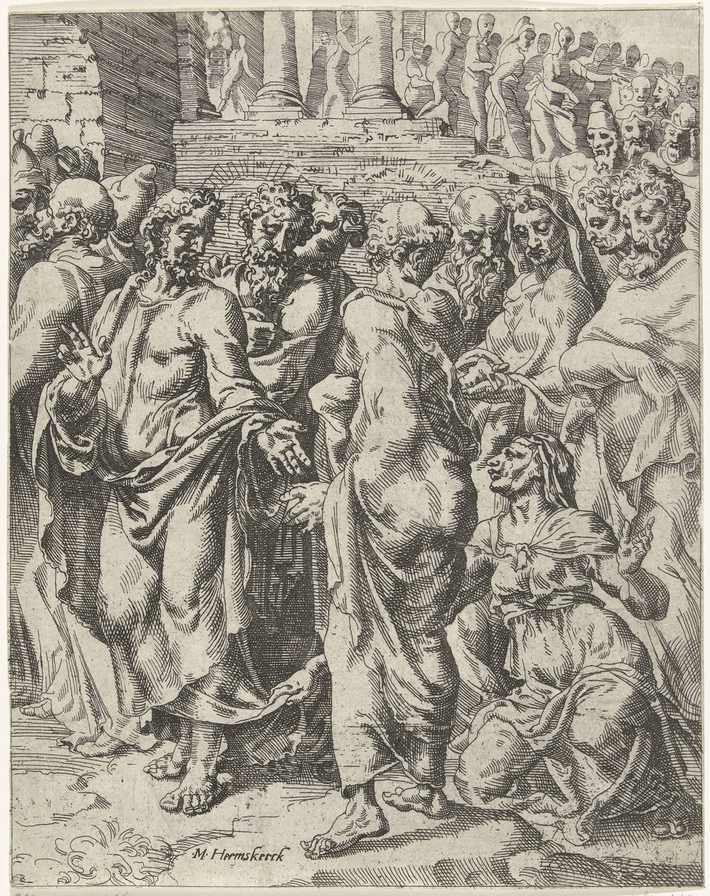 Heilung der Frau, die an Blutungen litt (Der Fall und die Erlösung der Menschheit durch das Leben und die Passion Christi) von Dirck Volckertsz. Coornhert (attributed to)