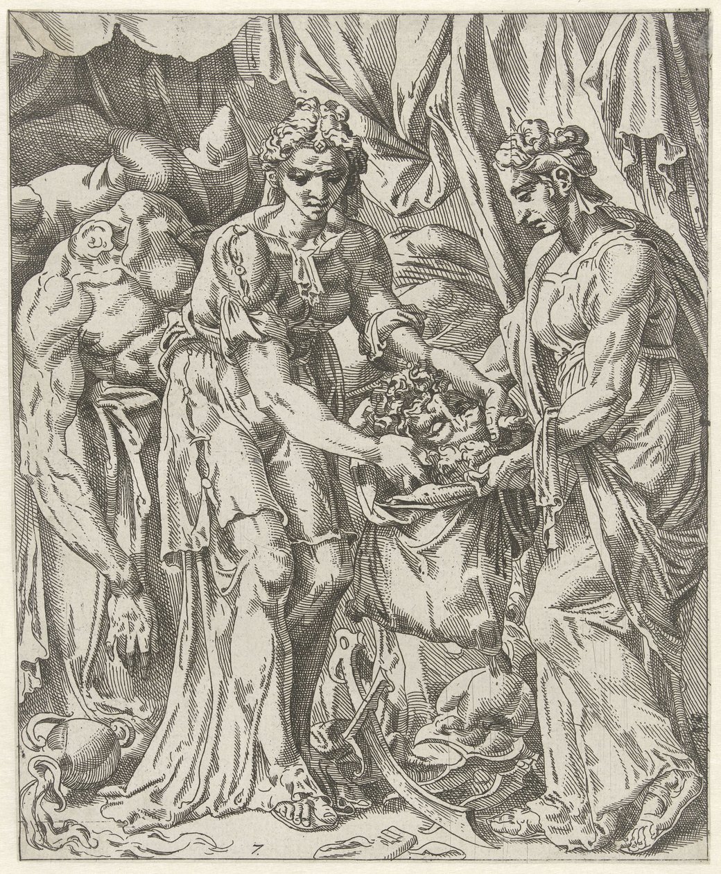 Judith steckt das Haupt von Holofernes in einen Sack Judith und Holofernes (Serientitel) von Dirck Volckertsz. Coornhert (attributed to)