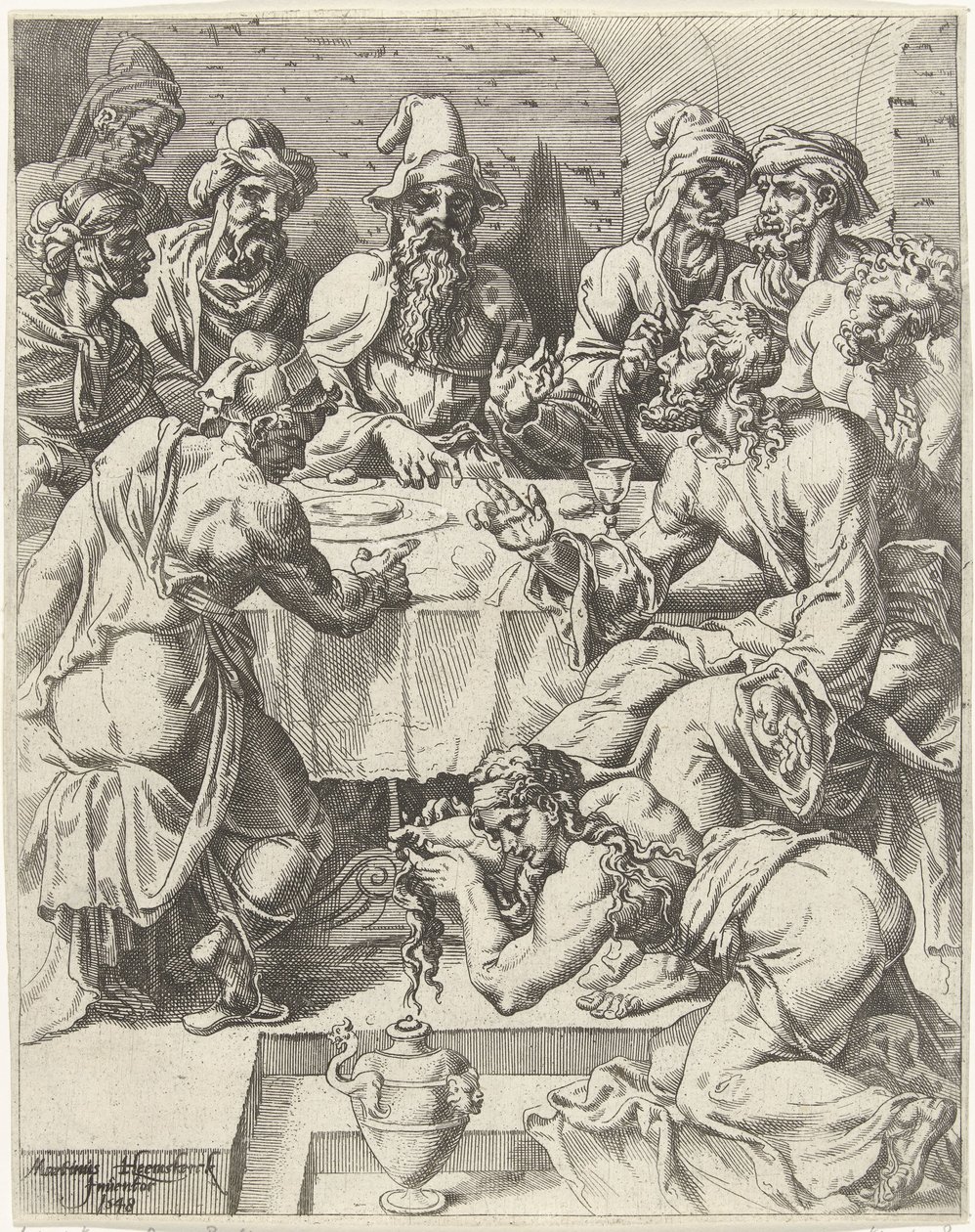Maria Magdalena wäscht die Füße Christi von Dirck Volckertsz. Coornhert (attributed to)