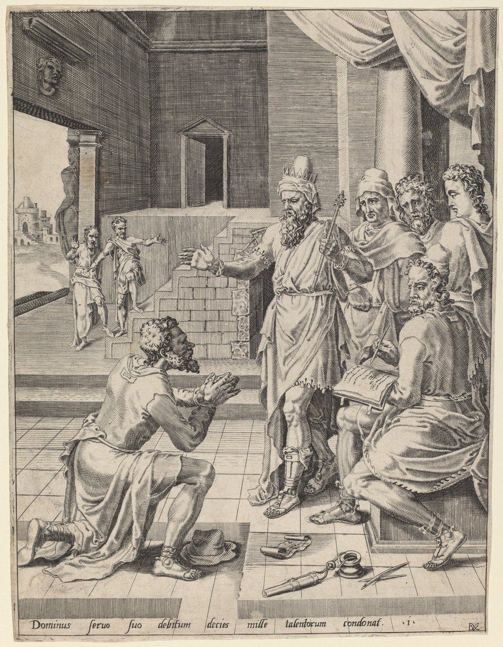 Der König vergibt seinem Diener seine Schuld von Dirck Volckertz Coornhert after Maerten van Heemskerck