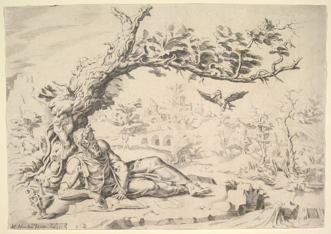 Elija von Raben gefüttert, 1549 von Dirck Volkertsen Coornhert