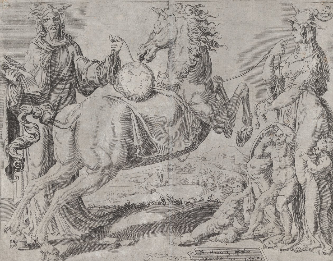 Törichtes Wissen und törichte Liebe versuchen, die Welt zurückzuhalten, aus Die ungebändigte Welt..., 1550 von Dirck Volkertsen Coornhert