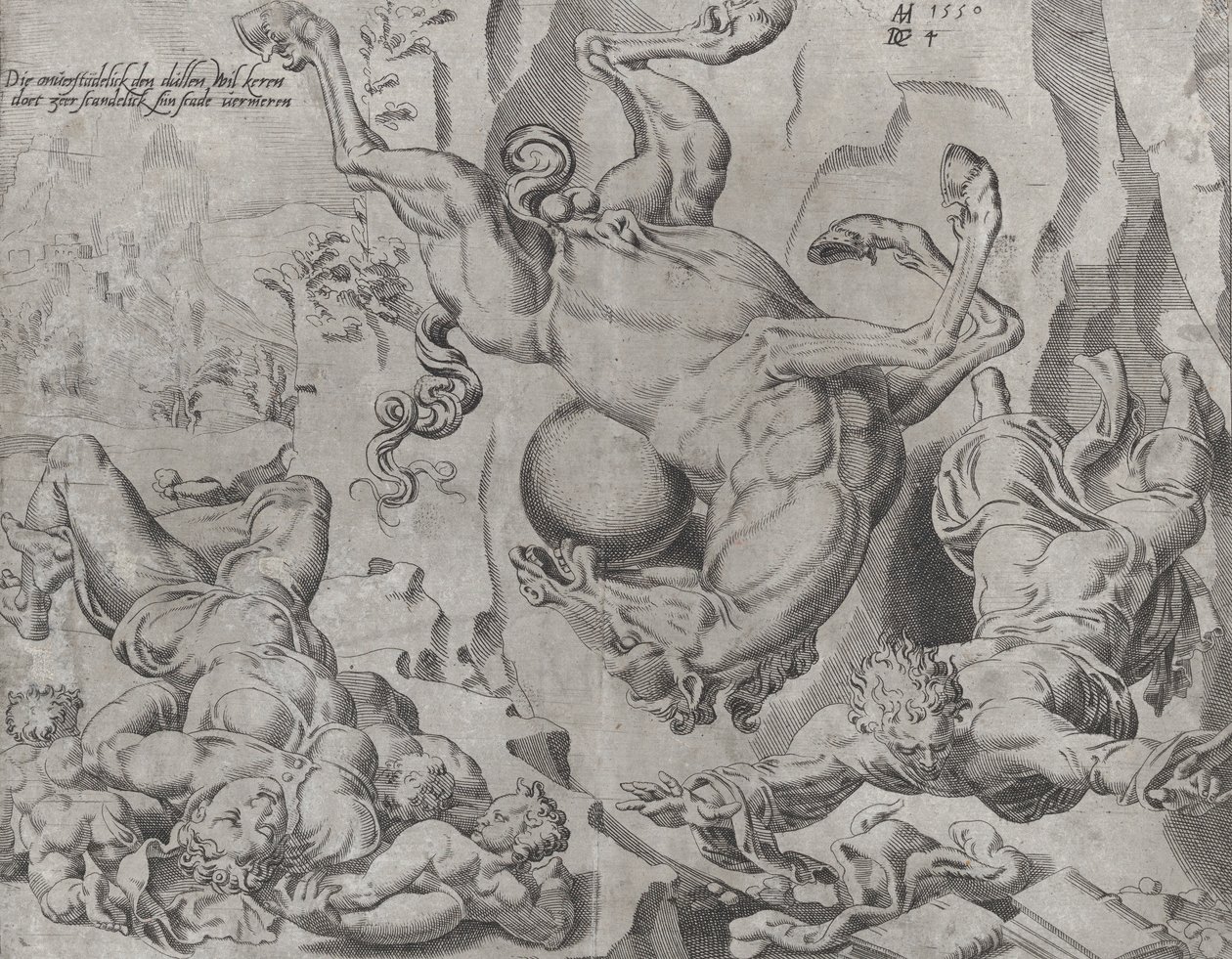 Die Welt vergeht zusammen mit Wissen und Liebe, aus Die ungebändigte Welt, Platte 4..., 1550 von Dirck Volkertsen Coornhert