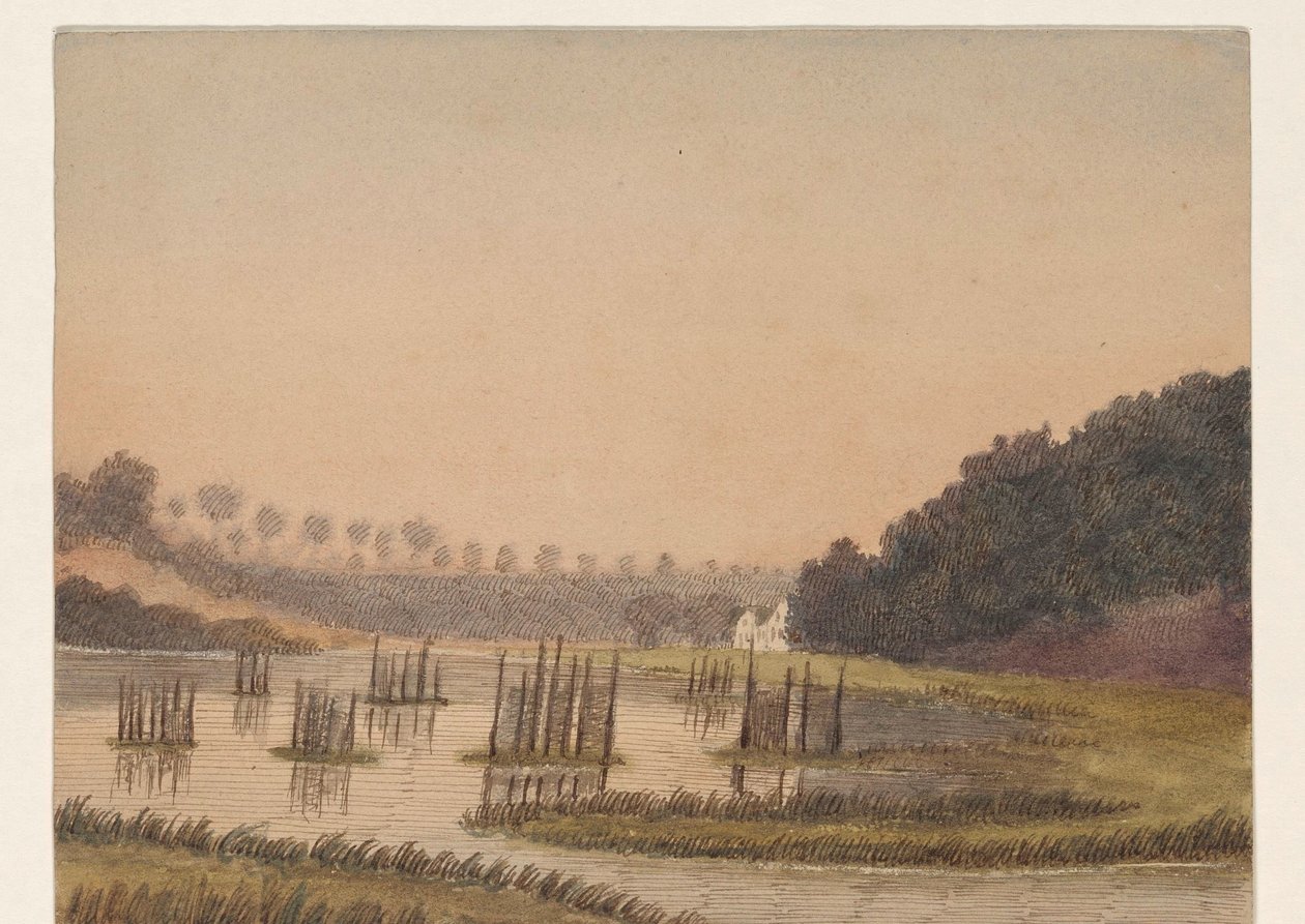 Moorlandschaft mit einem Gebäude in der Ferne von Dirk Arnoldus Tavenraat