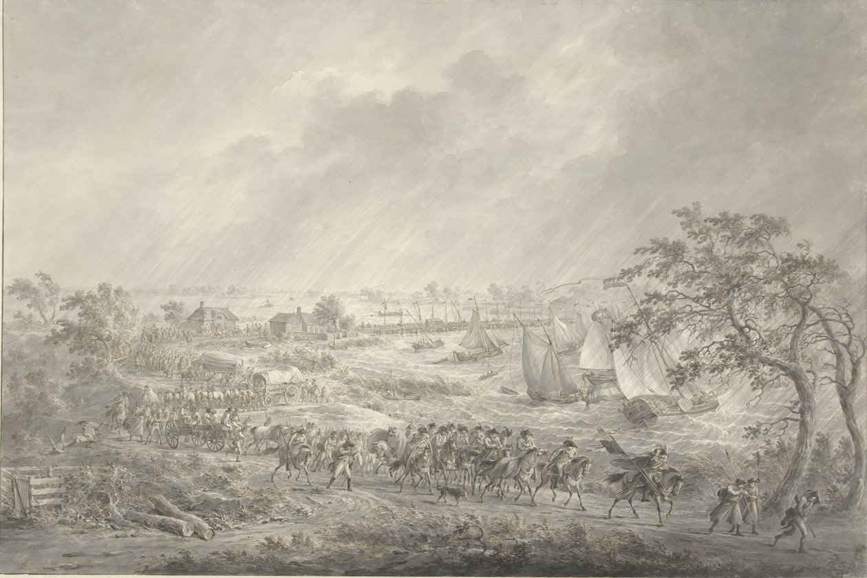 Überfahrt der englischen und hannoverschen Truppen von Nijmegen nach Lent über die Schiffsbrücke über die Waal, 7. November 1794 von Dirk Langendijk