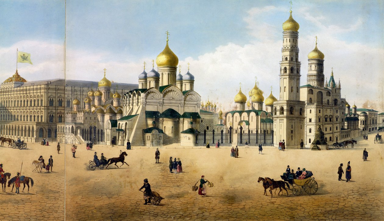 Kathedralen der Verkündigung und des Erzengels, aus einem Panorama von Moskau, graviert von Philippe Benoist und Aubrun von Dmitri Indieitzeff