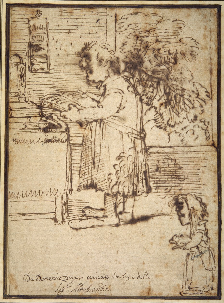 Karikatur des Aldobrandini-Theologen, mit einer weiblichen Zwergin, die ihren Hund hält von Domenichino