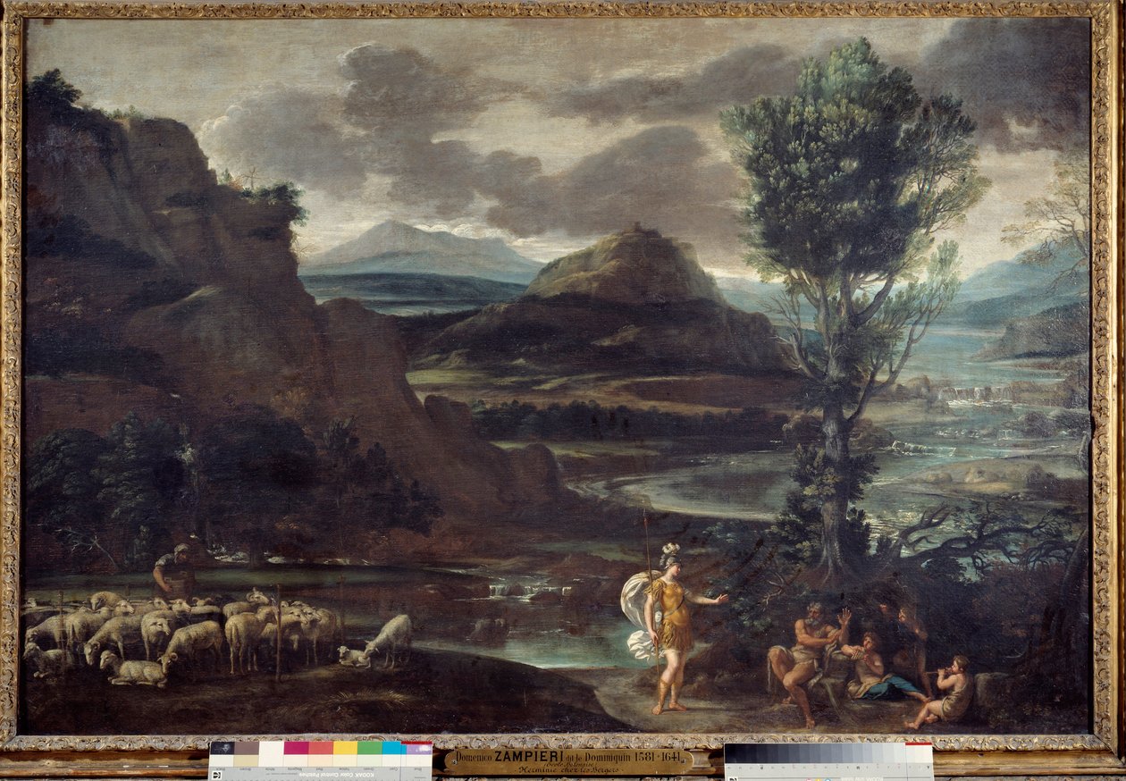 Herminie unter den Hirten. Illustration einer Szene aus „Das befreite Jerusalem“ (La Gerusalemme Liberata) von Torquato Tasso. Herminie erscheint den Hirten in Clorindes Rüstung. Gemälde von Domenico Zampieri (genannt Domenichino) von Domenichino